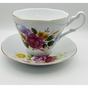 Floral Rose Teacup Saucer Porcelain Cottagecore Tea Party Cup White Gold Trim